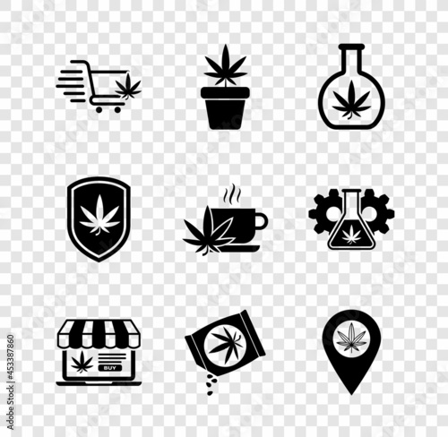 Set Shopping cart with marijuana, Marijuana plant pot, Test tube, Online buying, or cannabis seeds, Location and, Shield and Cup tea icon. Vector