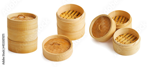 Photos Group of chinese bamboo steamer on white background