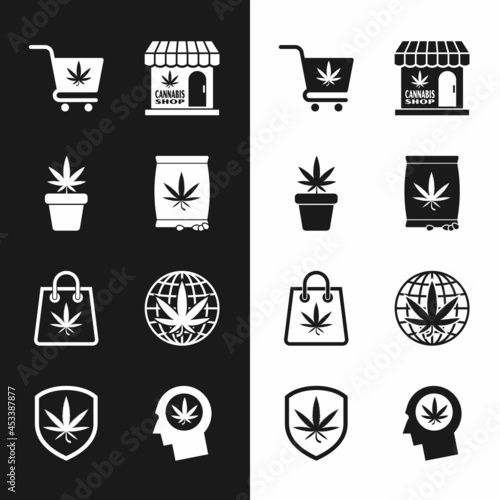 Set Marijuana or cannabis seeds, plant in pot, Shopping cart with marijuana, and store, bag of, Legalize, Head profile and Shield icon. Vector