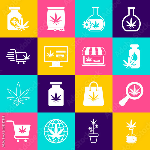 Set Test tube with marijuana, Magnifying glass and, Marijuana or cannabis leaf oil, Online buying, Shopping cart, Medical bottle and icon. Vector