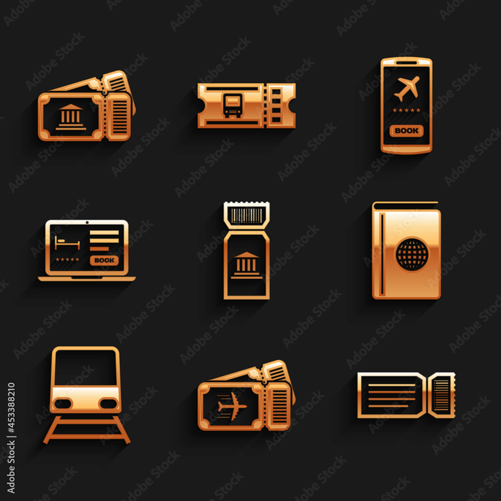 Set Museum ticket, Airline, Ticket, Cover book travel guide, Train, Online hotel booking, Mobile with and icon. Vector Set Museum ticket, Airline, Ticket, Cover book travel guide, Train, Online hotel booking, Mobile with and icon. Vector
