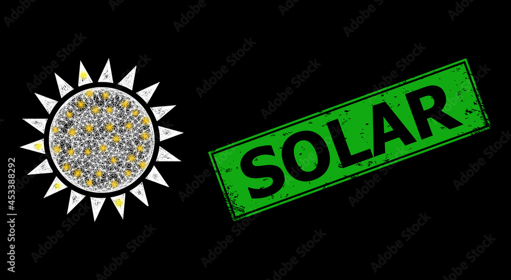 Fototapeta premium Glowing net mesh sun carcass with light dots, and green rectangle rubber Solar stamp. Constellation vector model created from sun pictogram and crossing white lines.