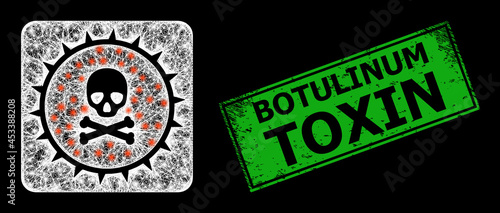 Glare net pandora box framework with light dots, and green rectangle grunge Botulinum Toxin seal. Constellation vector frame created from pandora box pictogram and crossed white lines.