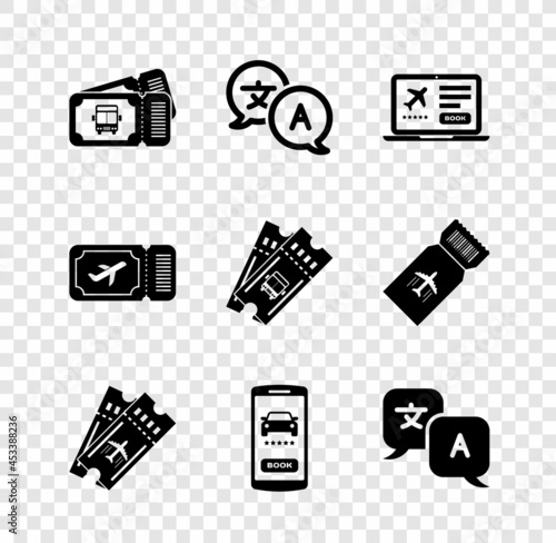 Set Bus ticket, Translator, Laptop with, Airline, Online car sharing, and icon. Vector