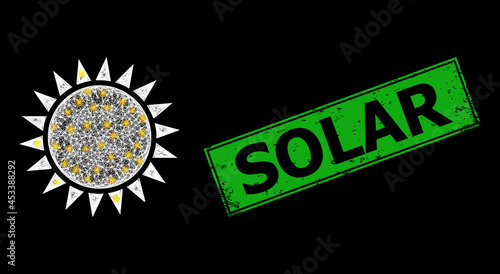 Glowing net mesh sun carcass with light dots, and green rectangle rubber Solar stamp. Constellation vector model created from sun pictogram and crossing white lines.