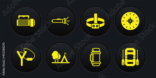 Set Slingshot, Compass, Tourist tent with flag, Thermos container, Head flashlight, Flashlight, Rafting boat and icon. Vector