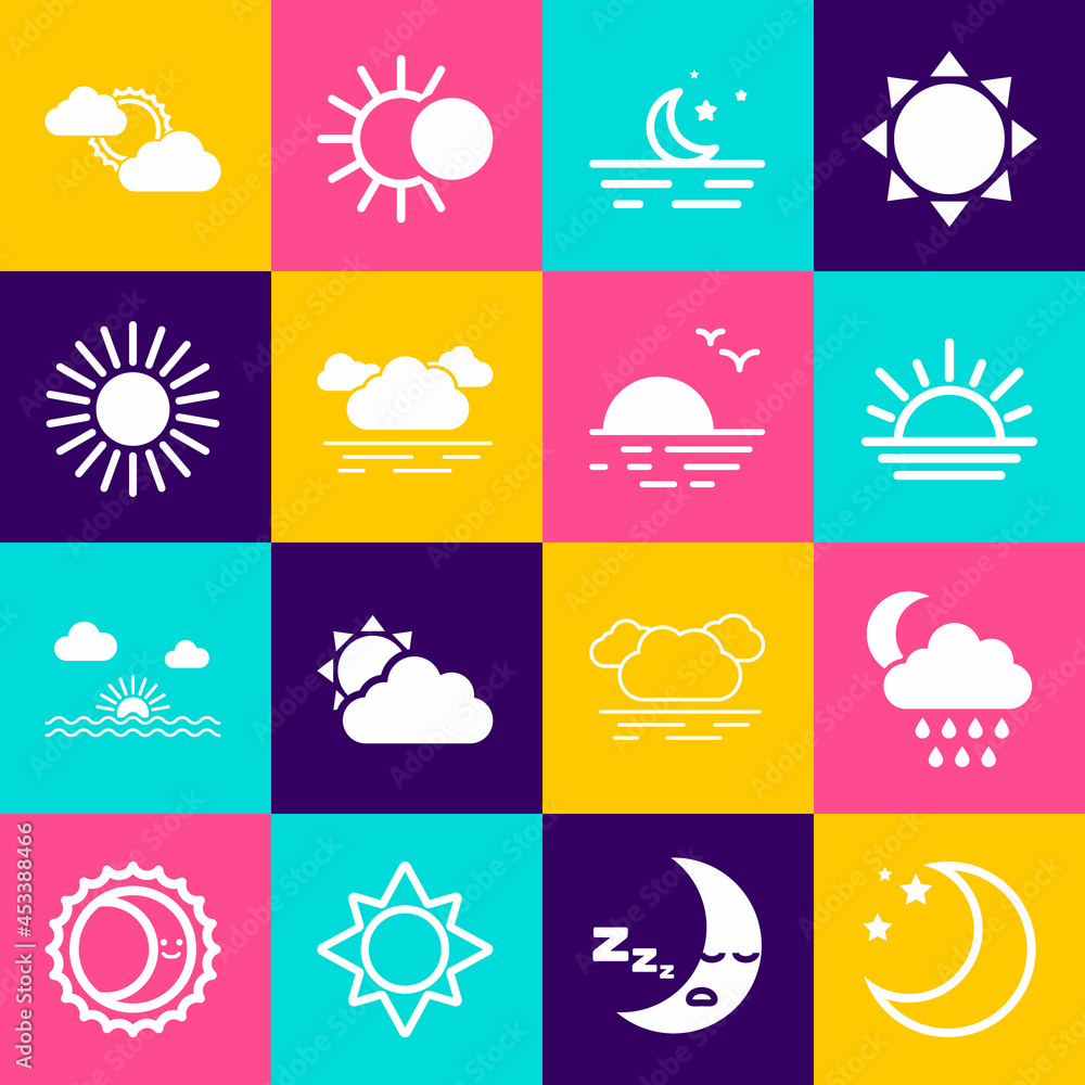 Set Moon and stars, Cloud with rain moon, Sunset, cloud weather and icon. Vector