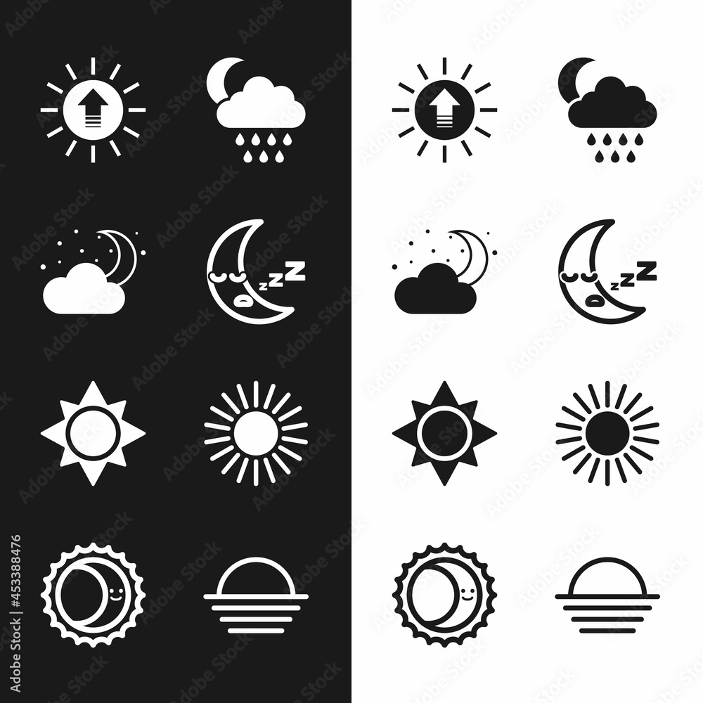 Set Moon icon, Cloud with moon and stars, Sunset, rain, and Eclipse of the sun icon. Vector Set Moon icon, Cloud with moon and stars, Sunset, rain, and Eclipse of the sun icon. Vector