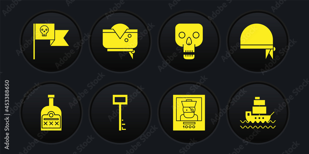 Set Alcohol drink Rum bottle, Pirate bandana for head, key, Wanted poster pirate, Skull, hat, Ship and flag with skull icon. Vector Set Alcohol drink Rum bottle, Pirate bandana for head, key, Wanted poster pirate, Skull, hat, Ship and flag with skull icon. Vector
