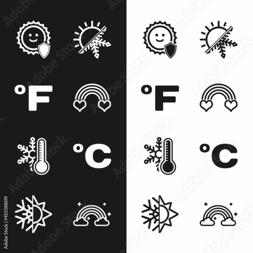 Set Rainbow with heart, Fahrenheit, UV protection, Sun and snowflake, Thermometer, Celsius, clouds and icon. Vector