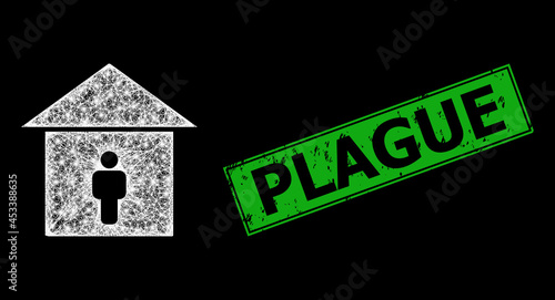 Glowing net self isolation model with glowing spots, and green rectangular rubber Plague seal. Illuminated vector mesh created from self isolation symbol and intersected white lines.