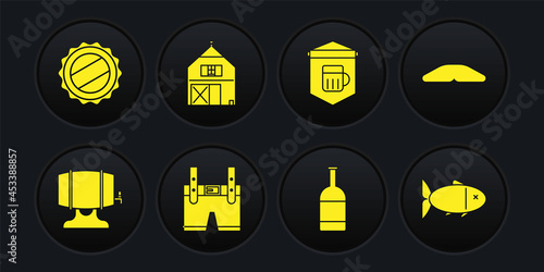 Set Wooden barrel on rack, Homemade pie, Lederhosen, Beer bottle, Signboard with glass of beer, Farm House, Fish and Bottle cap icon. Vector