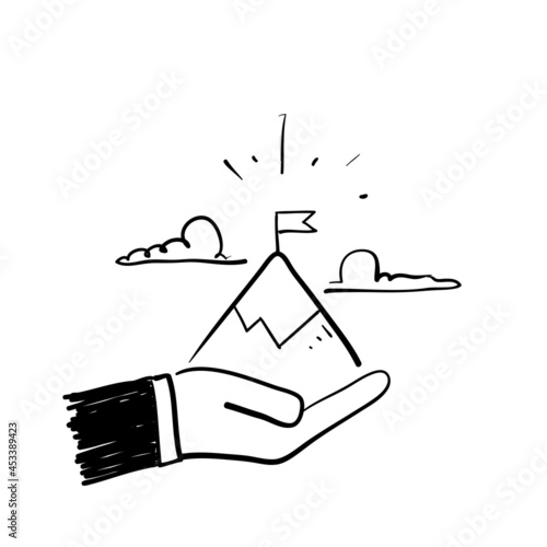 hand drawn doodle mountain with flag on palm hand illustration vector