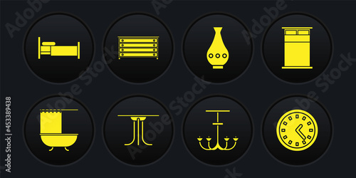 Set Bathtub with shower curtain, Big bed, Round table, Chandelier, Vase, Chest of drawers, Clock and Bed icon. Vector