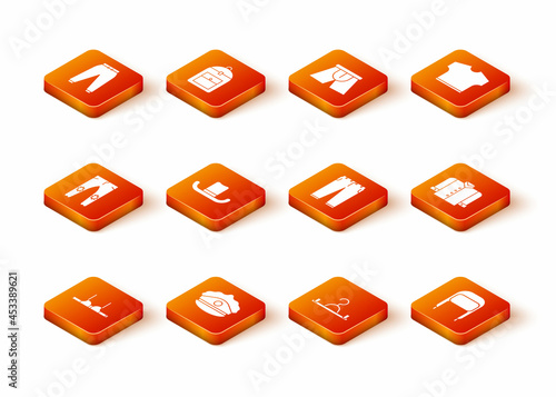 Set Bra, Police cap with cockade, Pants, Man hat, Hanger wardrobe, Winter ear flaps and T-shirt icon. Vector