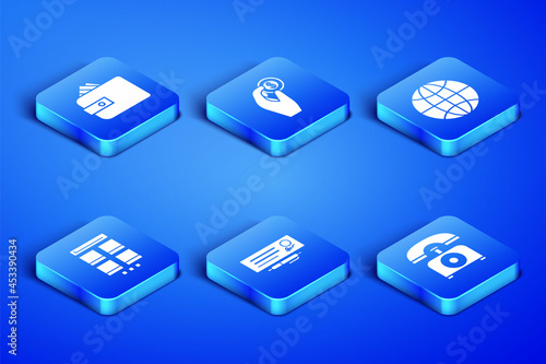 Set Telephone, Wallet with paper money cash, Bank check and pen, Online shopping mobile, Hand holding coin and Worldwide icon. Vector