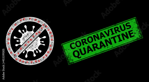 Bright net mesh no coronavirus framework with bright dots, and green rectangular unclean Coronavirus Quarantine seal print.