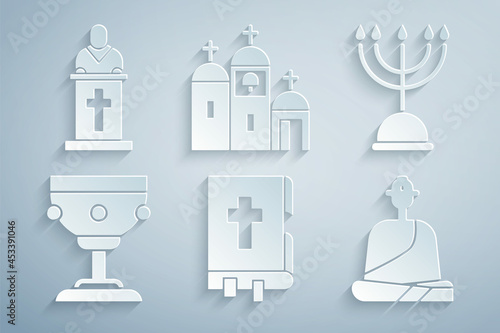 Set Holy bible book, Hanukkah menorah, Christian chalice, Buddhist monk, Church building and pastor preaching icon. Vector