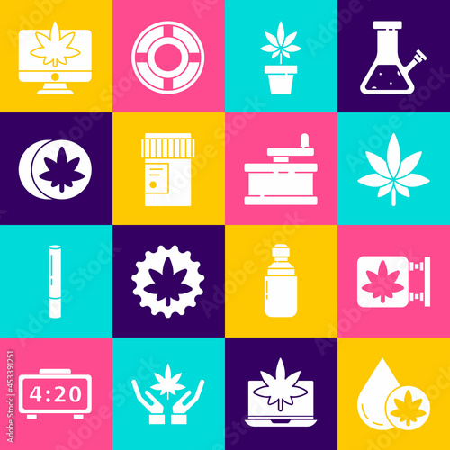 Set Marijuana or cannabis olive oil, and store, leaf, plant, Medical bottle with, Herbal ecstasy tablets, Monitor marijuana and Manual grinder icon. Vector