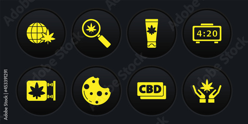Set Marijuana and cannabis store, Digital alarm clock, Cookies with marijuana, Cannabis molecule, Medical cream, Magnifying glass, leaf and Legalize globe icon. Vector