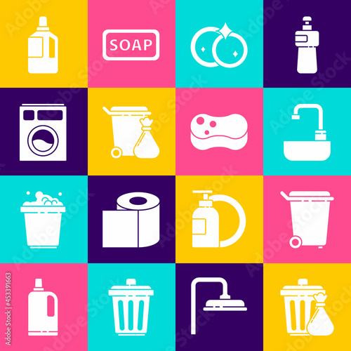 Set Trash can and garbage bag, Washbasin with water tap, Washing dishes, Washer, Fabric softener and Sponge icon. Vector