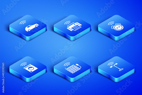 Set Smart street light, car system with wireless, heating radiator, washer, printer and Robot vacuum cleaner icon. Vector