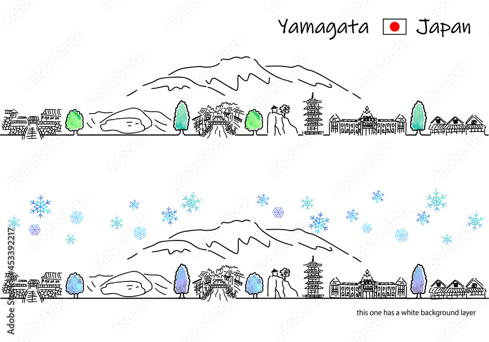 冬の山形県の観光地の街並みのシンプル線画セット
