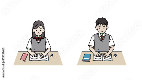 勉強する学生　授業　宿題　中高生　高校生　中学生　男女　イラスト素材