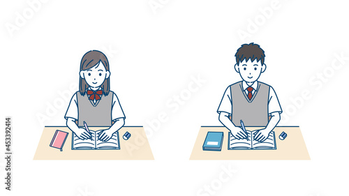 勉強する学生　授業　宿題　中高生　高校生　中学生　男女　イラスト素材