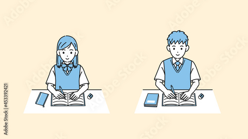 勉強する学生　授業　宿題　中高生　高校生　中学生　男女　イラスト素材