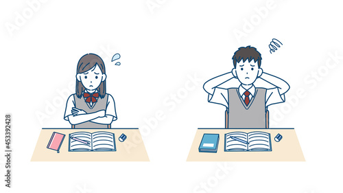 勉強がつまらない学生　授業　退屈　中高生　高校生　中学生　男女　イラスト素材