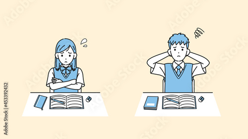 勉強がつまらない学生　授業　退屈　中高生　高校生　中学生　男女　イラスト素材