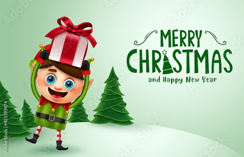 Christmas elf character vector design. Merry christmas text with elf character holding gift in happy facial expression for xmas holiday season background. Vector illustration.

