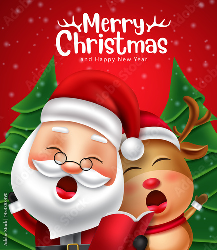 Merry christmas vector design. Merry christmas greeting text with santa claus and reindeer characters singing xmas song for holiday season background. Vector illustration.
