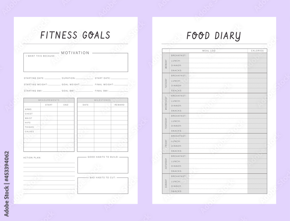 Fitness Goal and Food Diary planner printable template Vector. Easily ...