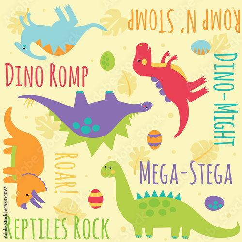 These adorable dinosaur characters are colorful and form a charming repeating vector pattern. © DezziDesign