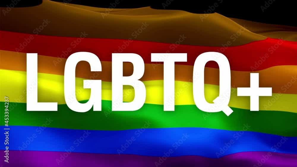 LGBTQ+ text on Rainbow Gay flag video waving in wind. Realistic lgbtq+ ...