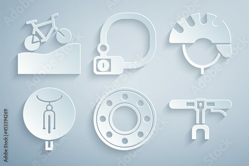 Set Bicycle ball bearing, helmet, handlebar, lock and Mountain bicycle icon. Vector