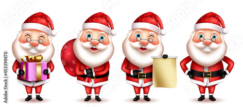 Santa claus christmas character vector set. 3d santa claus characters in friendly and smiling expression showing and giving gift and letter elements for xmas season design collection.