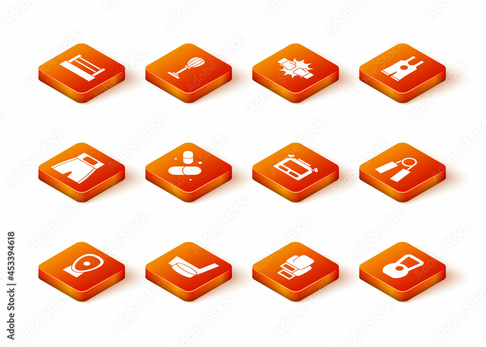 Set Boxing training paws, Ice hockey stick and puck, short, Vitamin pill, glove, Stopwatch, Kettlebell and Sport expander icon. Vector Set Boxing training paws, Ice hockey stick and puck, short, Vitamin pill, glove, Stopwatch, Kettlebell and Sport expander icon. Vector
