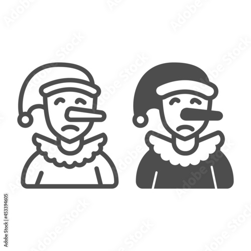 Sad pinocchio doll with a long nose line and solid icon, theater concept, pinnochio vector sign on white background, outline style icon for mobile concept and web design. Vector graphics.