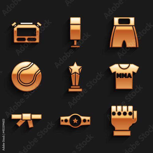 Set Award cup, Boxing belt, MMA glove, T-shirt with fight club, Black karate, Tennis ball, short and Stopwatch icon. Vector