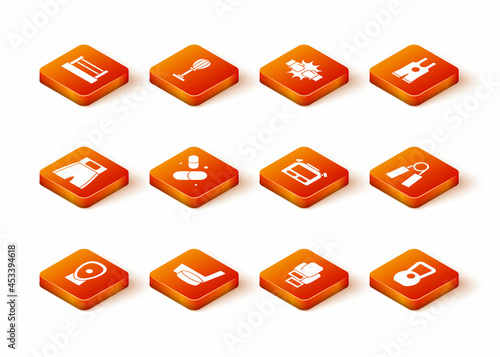Set Boxing training paws, Ice hockey stick and puck, short, Vitamin pill, glove, Stopwatch, Kettlebell and Sport expander icon. Vector