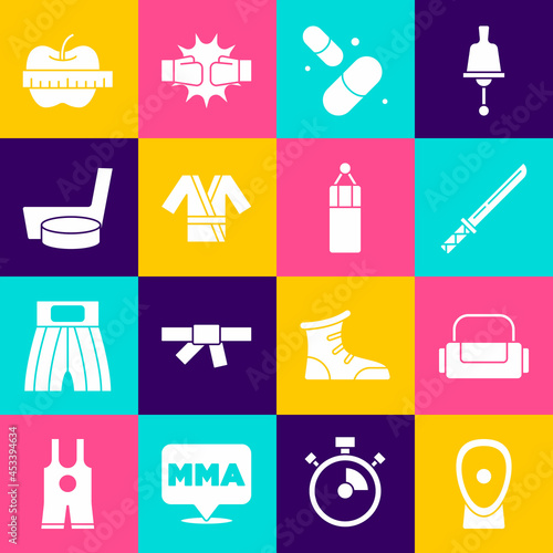 Set Boxing training paws, Sport bag, Japanese katana, Vitamin pill, costume Kimono, Ice hockey stick and puck, Apple measuring tape and Punching icon. Vector