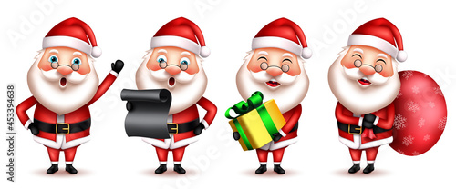 Christmas santa character vector set. Santa claus 3d xmas characters with standing and waving pose holding gift, letter and sack elements for happy holiday design collection. Vector illustration.
