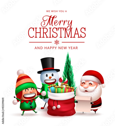 Christmas characters vector design. Merry christmas text with santa claus, elf and snowman character with wish letter for gift giving xmas celebration. Vector illustration.
