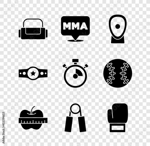 Set Sport bag, Fight club MMA, Boxing training paws, Apple and measuring tape, expander, glove, belt and Stopwatch icon. Vector