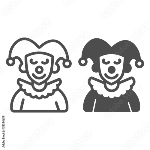 Arlequin, Clown in a hat line and solid icon, theater concept, harlequin costume vector sign on white background, outline style icon for mobile concept and web design. Vector graphics.