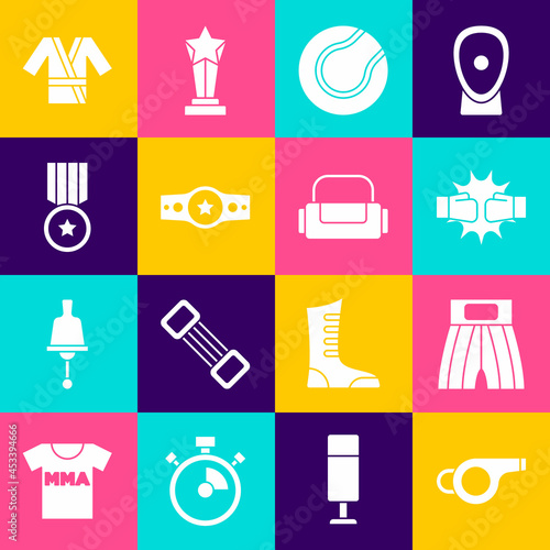 Set Whistle, Boxing short, Punch boxing gloves, Tennis ball, belt, Medal, Japanese costume Kimono and Sport bag icon. Vector