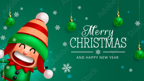 Christmas elf vector background design. Merry christmas text with cute and friendly elf kid character in waving pose for xmas holiday greeting card. Vector illustration.
